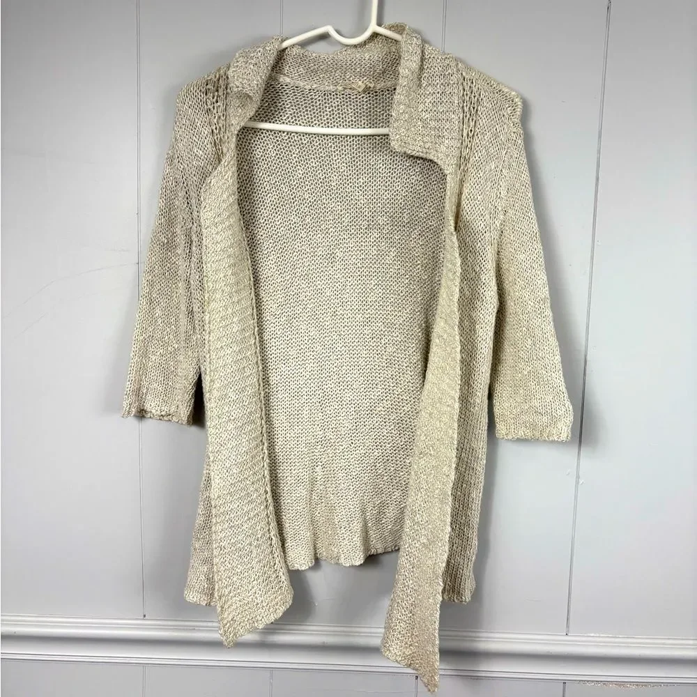 Eileen Fisher Women Sweater XS Cream Linen Blend Open Knit 3/4 Sleeve Casual